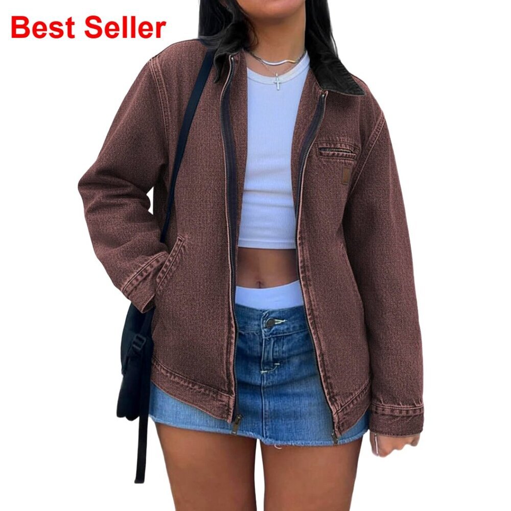 Denim Jean Jacket with Zipper, Cropped Fit, Long Sleeve, Casual Wear